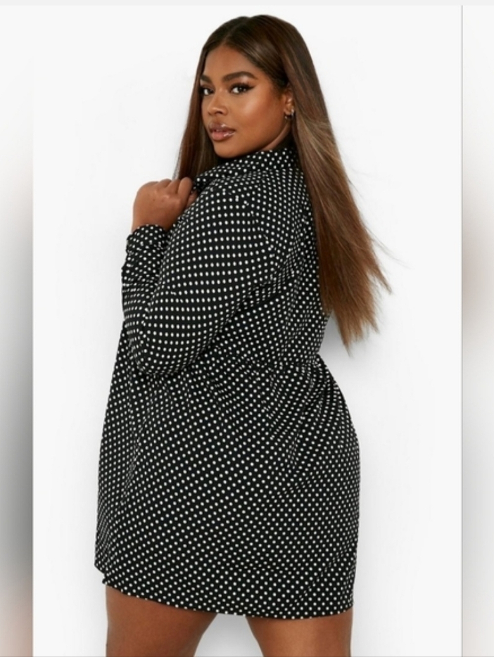 Boohoo Plus Size Black Polka Dot Long Sleeve Shirt Dress Size 22 - Picture 6 of 8